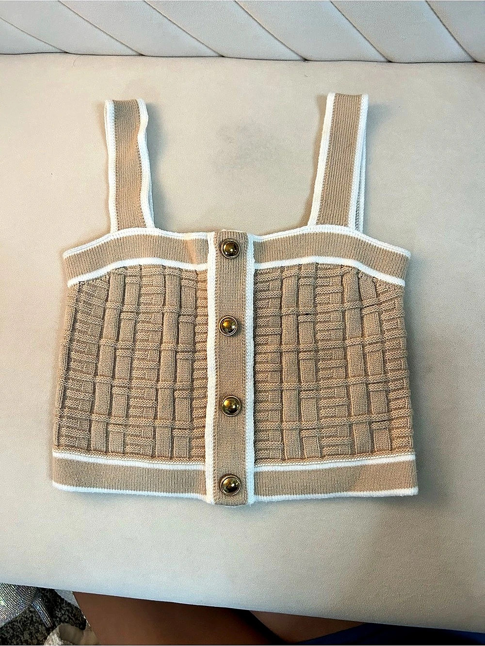 Cropped Button Front Tank in Brown & White Size X Small
